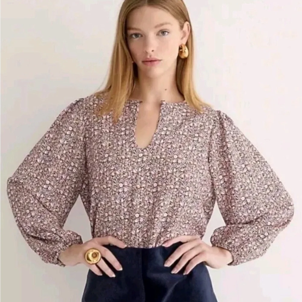 J. Crew Puff Sleeve Satin Back Crepe Top Floral Flourish Size XS brown EUC